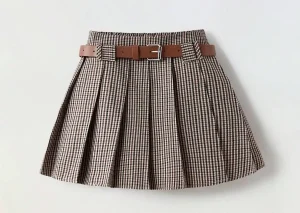 Girls Pleated Plaid Skirt with Detachable Belt, Classic School Style