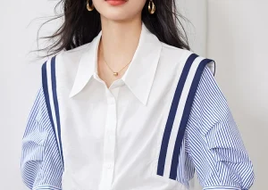 Summer Korean Women Colorblocking Stripes Vintage Tops Chiffon Short Sleeve Casual Office Shirts Elegant Blouse