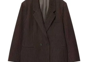 Women's Old Money Style Ovesized Striped Blazer Coat Long Sleeve Front Pockets Chic Oversize Top Female Outerwear