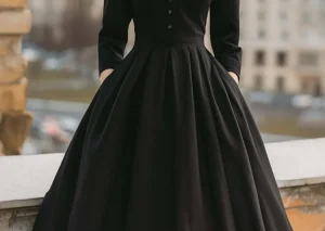 Yeezzi Women's High Neck Black Dress High Waisted Buttoned Pleated Pockets Solid Color Elegant Office A-Line Midi Dresses 2026