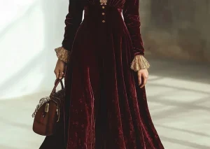 Women's Velvet Dress Retro Sexy V-neck Lace Trim Patchwork Flare Sleeve Autumn Elegant Vintage Chic Ethnic Pleated A-Line Dress