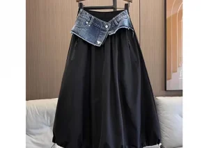 2024 New Arrival Spring/summer Korean Style Women Loose Casual Cotton Denim Patchwork A-line Mid-calf Elastic Waist Skirt P03