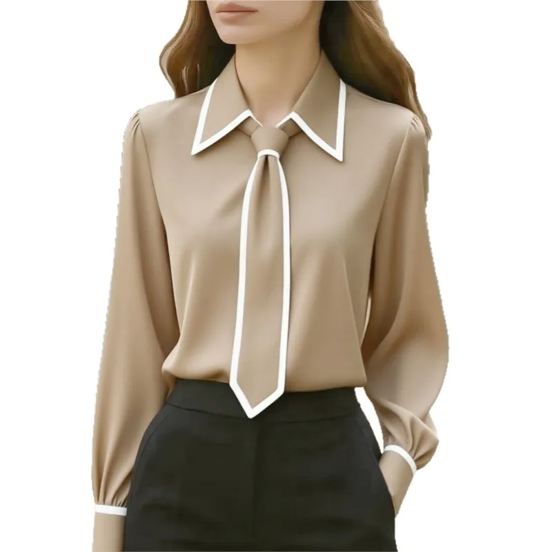 Women's Blouse Fashion Shirt Formal Bow Tie Long-sleeve Contrasting Trim Tops Slim-fit Workwear Elegant Office Lady Shirts Women - Image 5