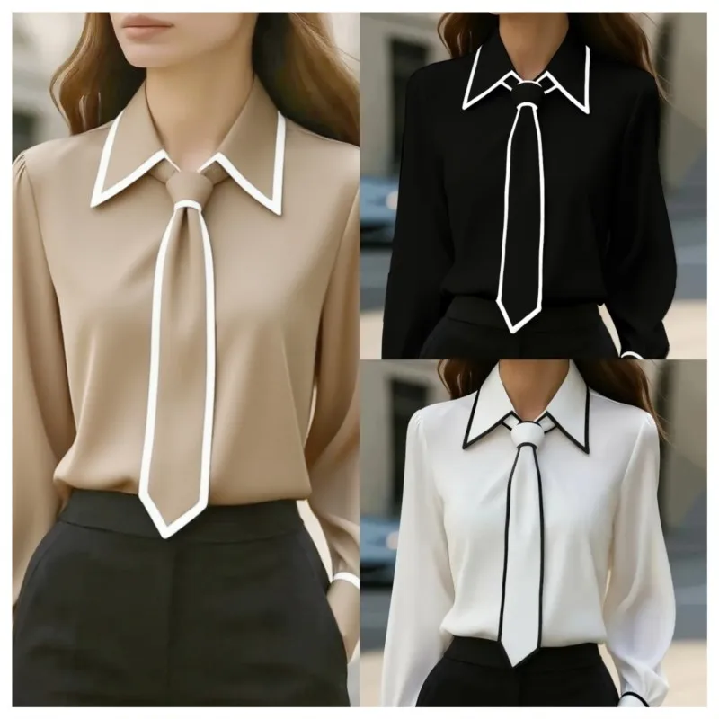 Women's Blouse Fashion Shirt Formal Bow Tie Long-sleeve Contrasting Trim Tops Slim-fit Workwear Elegant Office Lady Shirts Women - Image 3