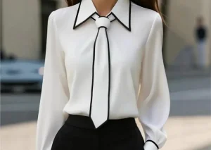 Women's Blouse Fashion Shirt Formal Bow Tie Long-sleeve Contrasting Trim Tops Slim-fit Workwear Elegant Office Lady Shirts Women